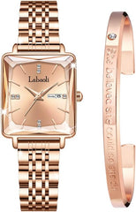 Stainless Steel Rose Gold Diamond Quartz Wristwatch, Fashionable Square Waterproof Date Ladies' Watch
