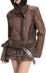 Pohullan Women Winter Thick Parka Warm Suede Lambwool Jacket Leather Short Motorcycle Biker Coat