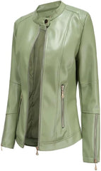 Women's PU Leather Moto Jacket Short Zipper Slim Fit Motorcycle Style Spring and Autumn Coat