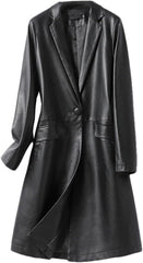 Mnjyihy Women Midi-Length Sheepskin Trench Coat Winter Blazer Collar Single Button Ladies Lambskin Jacket