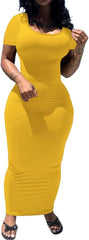 PINSV Women's Casual Bodycon Maxi Dress Summer Scoop Neck Short Sleeve Long Fitted Dresses Club Party