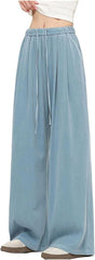 Women's Wide Leg Ice Silk Jeans Fashion Elastic Waist Loose Pants Comfortable Pocket Straight Trousers Female