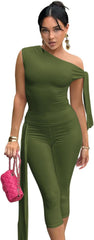 Elainone Capri Sets Women 2 Piece Outfits Sexy One Shoulder Sleeveless Crop Tops Bodycon Pant Sets