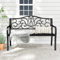 Gymax 2-person Metal Bench w/ Floral Pattern Slanted Backrest Slatted