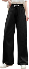 Womens Pants Drawstring Elastic Waist Casual Solid Color Trendy Long Straight Trousers with Pockets