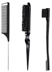 Slick Back Hair Brush, Edge Brush, Hair Accessories Comb Set 3Pcs, Rat Tail Comb for Parting Hair, Teasing Comb for Add Volume Fullness, Edge Brush for Edge Control Black Hair