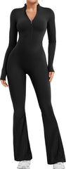 YEOREO Women Long Sleeve Flare Workout Jumpsuit Zip Up Romper Bottom Pants Wide Leg Bodysuit Bodycon Sexy One Piece