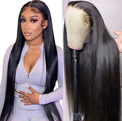 NVL Hair Straight Human Hair Wig, 13x4 Lace Front Wig for Women, Pre-Plucked with Baby Hair, Glueless, 200% Density, Natural Color, 22 Inch