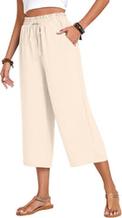 Anyhold Women's Capri Pants Drawstring Casual Palazzo Trousers with Pockets Loose High Waisted Wide Leg Lounge Pants