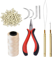 Hair Extensions Tool Kit: 200 Pcs Silicone Lined Micro Links Beads, 1 Three Hole Hair Pliers, 1 Roll Sewing Thread, 1 Loop Needle Threader, 1 Pulling Hook Needle, 8 Sewing Needles (Blonde)