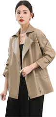 Women Leather Coat Zipper Fly Lace-Up Slim Waist Sheepskin Trench Coat Split Leather Coat