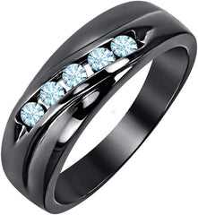 Gold & Diamonds Jewellery 1.2 Ctw Round Cut Aquamarine 14k Black Gold Plated 5-Stone Mens Band Ring Wedding Band Ring for Mens