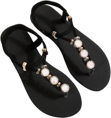 SweatyRocks Women's Rhinestone Flat Sandals T-Strap Summer Comfortable Thong Sandals with Elastic Ankle Strap