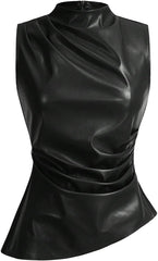 SHENHE Women's Mock Neck PU Leather Pleated Asymmetrical Sleeveless Fitted Dressy Tank Top