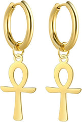 Egyptian Ankh Cross Pendant Earrings Stainless Steel Dangle Hoop Earrings Key of Life Amulet Classic Cross Jewelry for Women Men