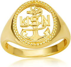 10K Yellow, White, and Rose Gold Officially Licensed Men’s United States Navy Anchor Chief Petty Officer Milgrain Open Signet Band or Pinky Ring, Available in Sizes 6-16