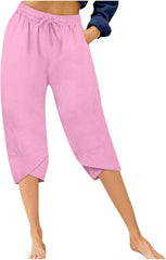 Women's Cotton Linen Drawstring Pant Petal Hem Straight Tube Sweatpant High Elastic Solid Trouser Side Pocket Pants