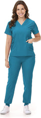 Scrubs Set for Women Nurse Uniform V-Neck Top and Drawstring Jogger Pants with Multi Pocket Nurse Workwear