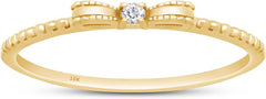 Round White Natural Diamond Accent 10k Solid Gold Bow Ribbon Beaded Band Promise Ring (I-J Color, I2-I3 Clarity)