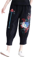 Ethnic style embroidered casual suit women, spring and retro Vneck loose cotton linen top pants twopiece set
