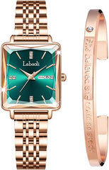 Stainless Steel Rose Gold Diamond Quartz Wristwatch, Fashionable Square Waterproof Date Ladies' Watch