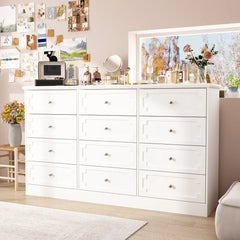 Modern 12-Drawer White Wooden Dresser for Bedroom and Living Room Storage