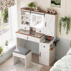 Farmhouse Vanity Desk with Sliding Mirror & Lights, Glass Top Vanity Set