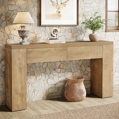 63" Wood Console Table With Drawers, Rustic Brown Sofa Console Table