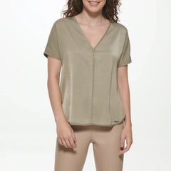 DKNY Woven V-Neck Short Sleeve Blouse