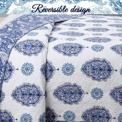 Cozy Line Hittle 3 Piece Cotton Reversible Quilt Bedding Set - Blue/White