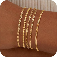 Bracelets for Women, Waterproof 14K Gold/Silver Plated Stackable Bracelets for Women Non Tarnish Trendy Dainty Paperclip Figaro Box Herringbone Hand Chain Bracelet Pack Stack Adjustable Jewelry for Women