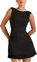Milumia Women's Boat Neck Pleated Mini Dress Open Back Short Party Club Tank Dresses