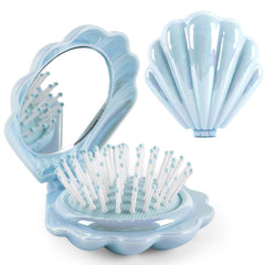 Metallic Shinning Finish Foldable Travel Hair Brushes with Mirror Shell Shape Portable Folding Pocket Hair Brush Mini Hair Comb Compact Size Hair Massage Comb (Pink)