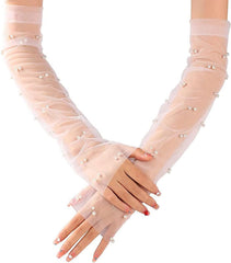 Long Pearl Wedding Gloves Tulle Bridal Gloves Sheer Long Bridal Sleeves Opera Prom Party Costumes for Women