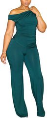 CXXQ 2 Piece Club Outfits for Women Clubwear Sexy Off Shoulder Ruched Crop Tops Bodycon Wide Leg Pant Sets Pantsuits