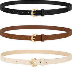 WERFORU 3 Pack Women Skinny Belt Thin Waist Belt for Women Leather Belt with Gold Buckle for Jeans Pants Dress 0.74" Width