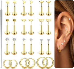 LOYALLOOK Threadless Flat Back Earrings 316L Surgical Steel Cartilage Earrings for Women Men Hypoallergenic Small Hoop CZ Push in Flatback Stud Earrings 20G 18G Flat Back Nose Stud Tragus Helix Conch Piercing Jewelry
