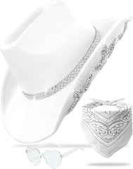 Cowboy Hat for Women Men 6 Sparkly Stars Brim & Rhinestone Belt Western Cowgirl Hat with Sunglasses Bandanas