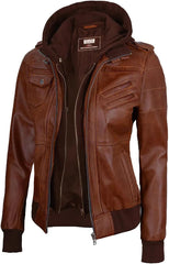 Bomber Leather Jacket Women - Real Lambksin Womens Leather Jacket With Removable Hood