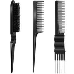 3 Pieces Pick Teasing Combs Hair Brush Set Includes Black Carbon Lift with Metal Prong, Triple Pin Rat Tail Comb, Nylon Bristle Hair Brush for Women(Black and Red)