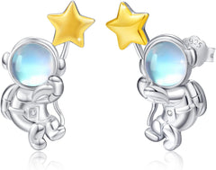 Sterling Silver Moonstone Astronaut Earrings - Cute Spaceman Studs - Planet Jewelry Gift for Women