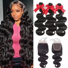 12A Human Hair Bundles with 2x6 Closure 18 20 22 with 16 Inch Brazilian Body Wave 3 Bundles Human Hair with 2x6 HD Lace Closure 100% Unprocessed Virgin Human Hair Weave