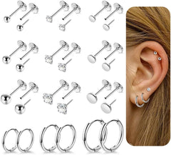 12 Pairs 20G 316L Stainless Steel Threadless Stud Earrings for Multiple Piercing Small Huggie Hoop Earrings Flat Back Tiny Stud Earring for Cartilage Helix Tragus Lobe