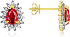 RYLOS 14K Yellow Gold Halo Stud Earrings - 6X4MM Pear Shape Gemstone & Diamonds - Exquisite Birthstone Jewelry
