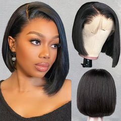 Bob Wig Human Hair 200 Density Virgin Remy Hair Double Drawn Human Hair Wig 3x Longer Lifespan 13x4 HD Lace Front Wigs Human Hair Pre Plucked Bone Straight Short Bob Natural Black 10”
