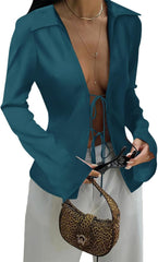 Cicy Bell Womens Sexy Tie Front Shirts Deep V Neck Silk Club Tops Long Sleeve Y2k Going Out Blouse