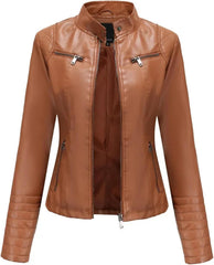 Women'S Faux Leather Jacket Retro Motorcycle Stand Collar Zipper Jacket Slim Casual Street Jacket