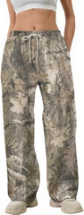 Camo Pants Women Baggy Fleece Y2K Camouflage Cargo Pants High Waisted Wide Leg Drawstring Jogger Sweatpants