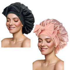 Satin Silk Hair Bonnet for Sleeping - Large Bonnets With Tie Band, Adjustable Straps, Night Sleep Cap for Women With Curly Braid Hair - Hunter Green