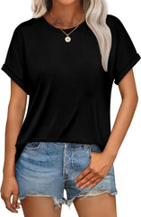 WEESO Womens T Shirts Crew Neck Rolled Short Sleeve Basic Summer Tops 2025 Casual Tees Curved Hem